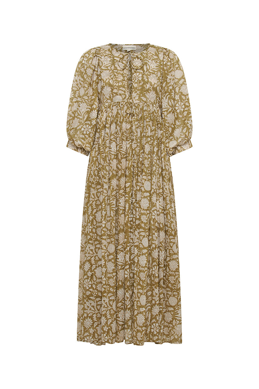 Daughters of India Kyra Maxi Dress in Olive — flat lay showing neckline tie, billowed sleeves, hand screen print cotton