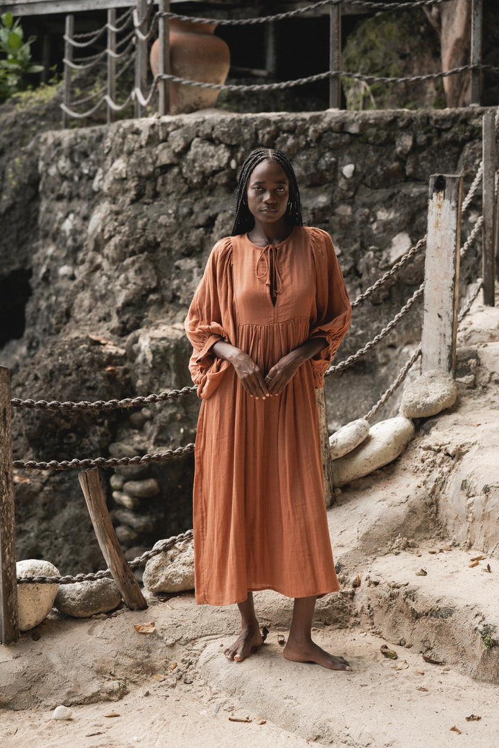 Kyra Midi Dress ~ Rust Gauze