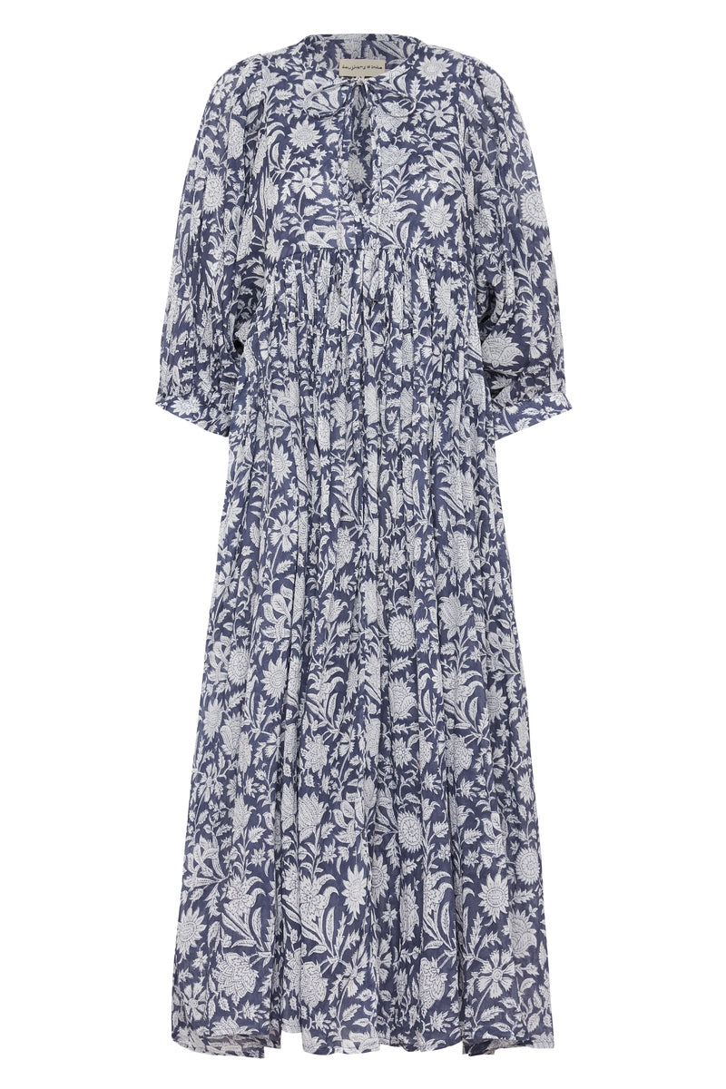 Kyra Midi Dress Blue Iris — ghost mannequin full silhouette, hand block print blue floral cotton | Daughters of India